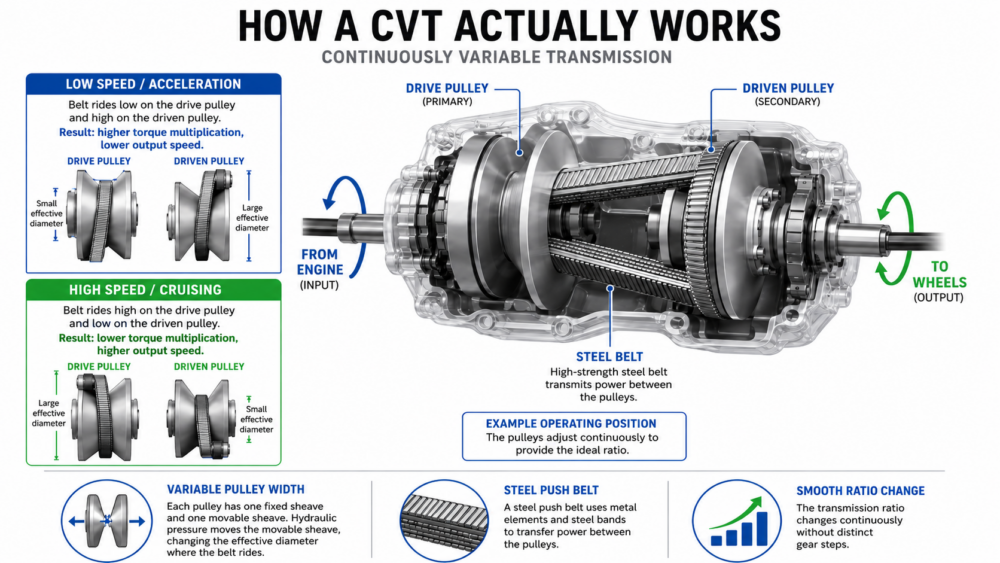 How a CVT works with adjustable drive and driven pulleys connected by a steel push belt
